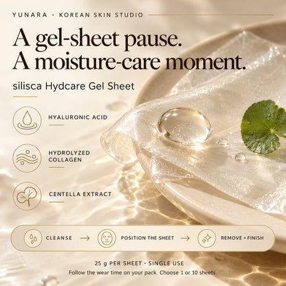 silisca Hydcare guide: hyaluronic acid, hydrolyzed collagen, centella and a single-use 25 g gel-sheet routine.