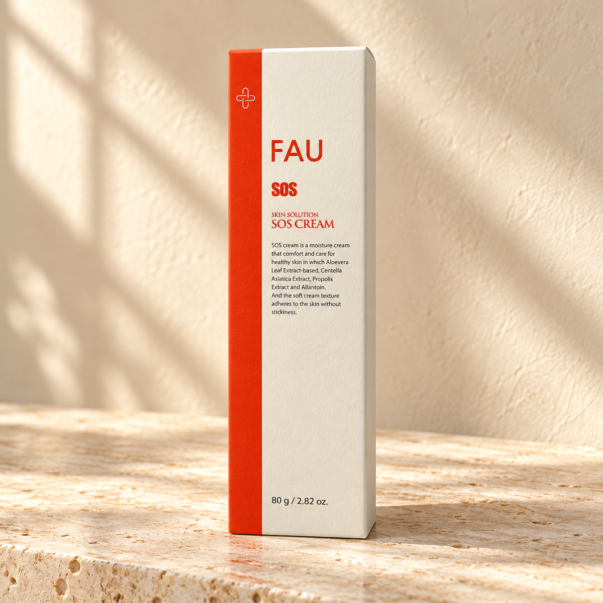 AI-styled presentation of FAU Skin Solution SOS Cream 80 g on a warm cream background