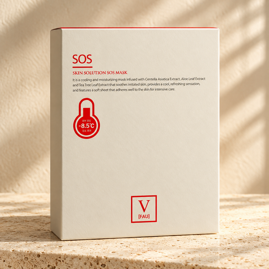 AI-styled presentation of FAU Skin Solution SOS Mask on a warm cream background