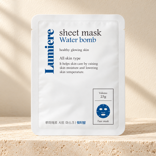 AI-styled presentation of Lumiere Water Bomb Sheet Mask 10-Pack on a warm cream background