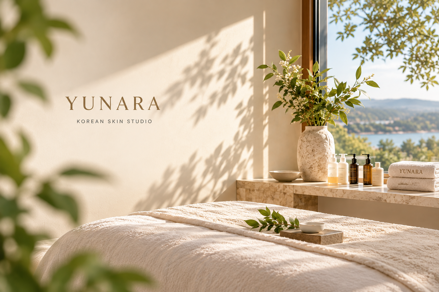 YUNARA brand illustration with a sunlit treatment bed, cream towels, greenery and a coastal view.