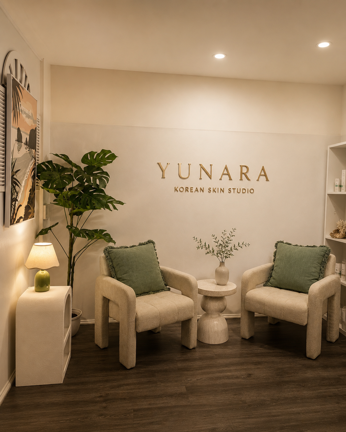 A calm lounge setting in the YUNARA brand illustration.